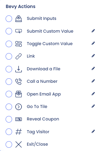 Screenshot of Bevy Design Actions Menu