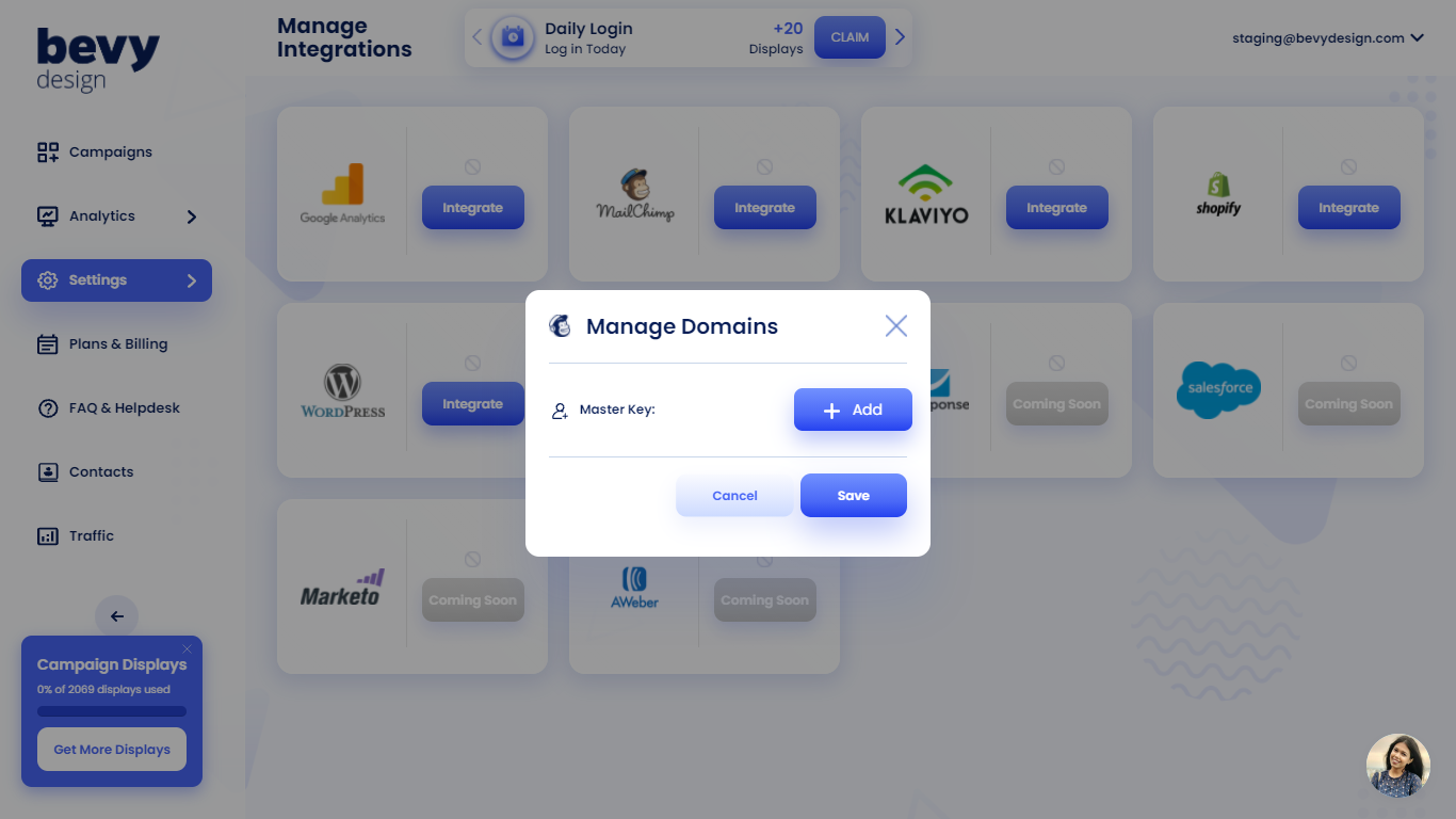 Screenshot of integrations tab