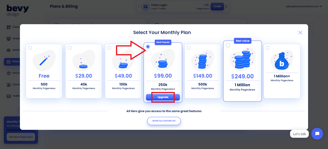 Screenshot of buying pageviews/changing plans-clicking on Upgrade button