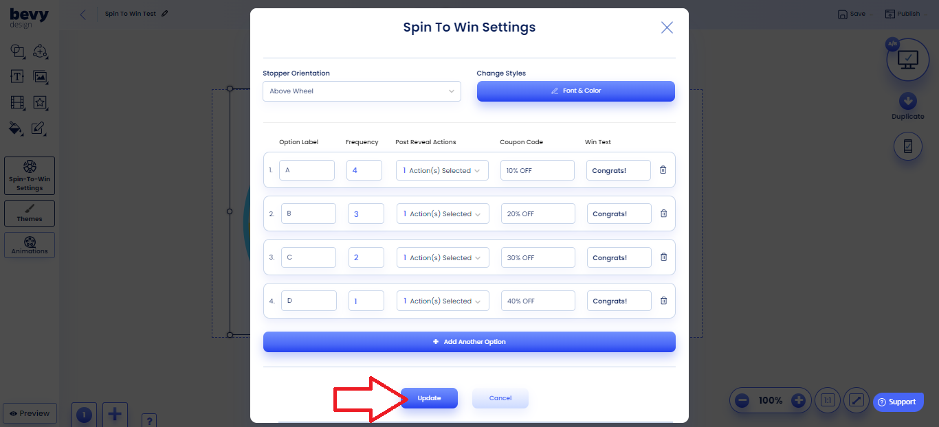 Screenshot of Spin to Win Customization