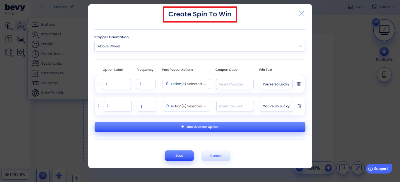 Screenshot of Creating Spin to Win